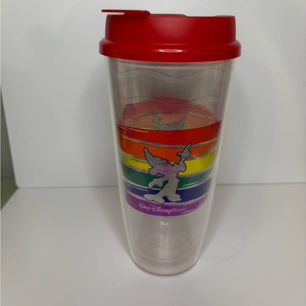 Disney Tumbler with Red Lid and Rainbow Stripes